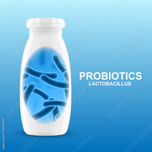 Probiotic products. Concept - Yoghurt with probiotic content. Microbiome on blue background. EPS10 vector