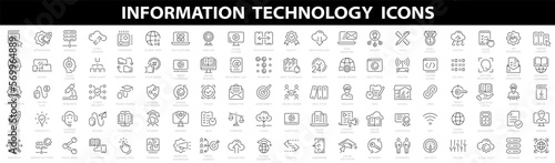 Information technology icons set. Set of 100 technology icons. Industry concept factory of the future. Technology progress. Big UI icon set in a flat design. Thin outline icons pack