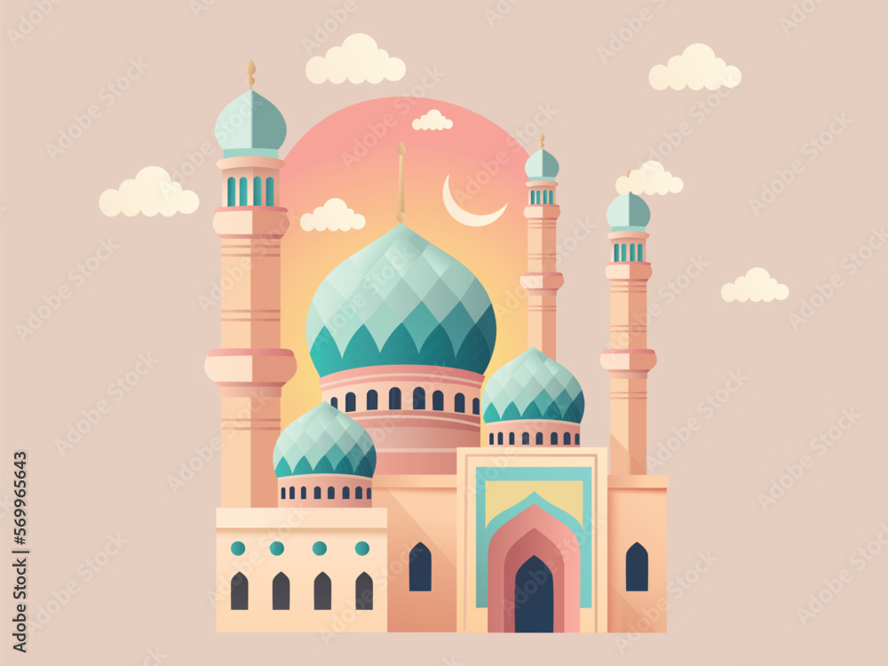 Vector Illustration of Mosque Arched With Crescent Moon On Clouds Beige Background And Copy Space.