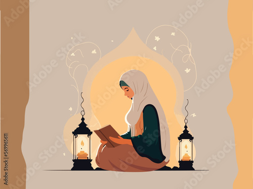 Muslim Young Woman Character Reading Holy Book In Sitting Pose Near Illuminated Lamps Against Background And Copy Space. Islamic Religious Concept.