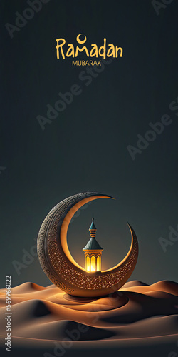 Ramadan Mubarak Banner Design With 3D Render, With Exquisite Crescent Moon And Illuminated Arabic Lamp On Sand Dune.