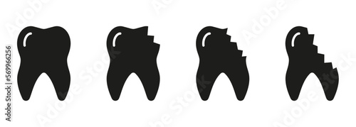 Broken Cracked Teeth Silhouette Icon Set. Dentistry Symbol. Chipped Tooth Process Glyph Pictogram. Damaged Enamel Stages, Medical Dental Problems. Dental Treatment Sign. Isolated Vector Illustration