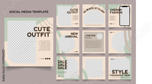 social media template banner fashion sale promotion in green brown color. fully editable instagram and facebook square post frame puzzle organic sale poster.