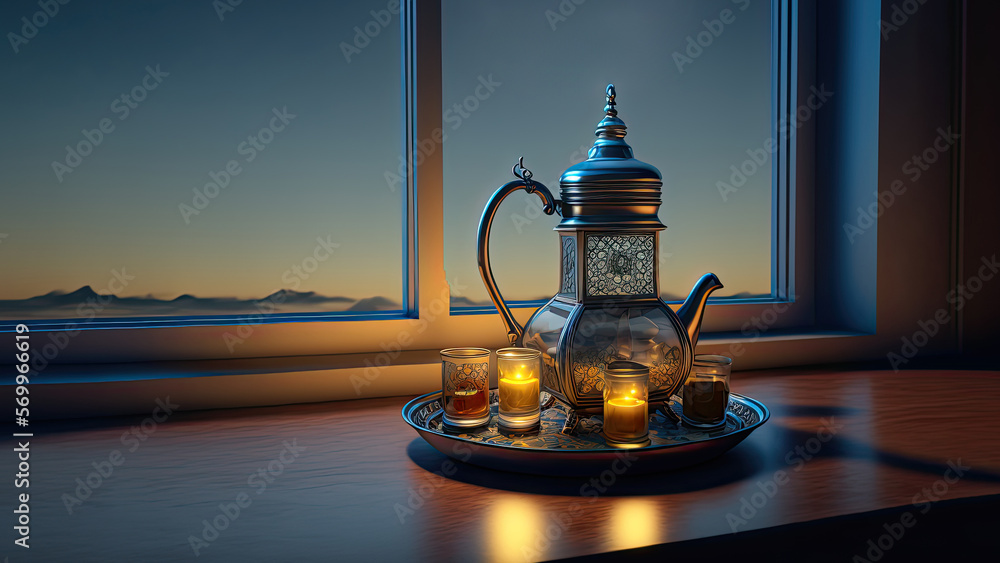 3D Render of Arabic Jug With Glass On Silver Tray And Copy Space. Islamic Religious Concept.