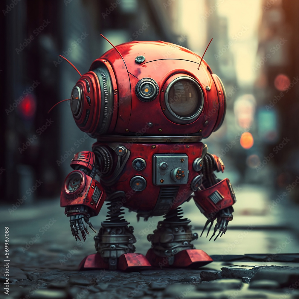 retro cute Red little robot in Big City. Generative ai retro cute Red little robot in Big City. Generative ai