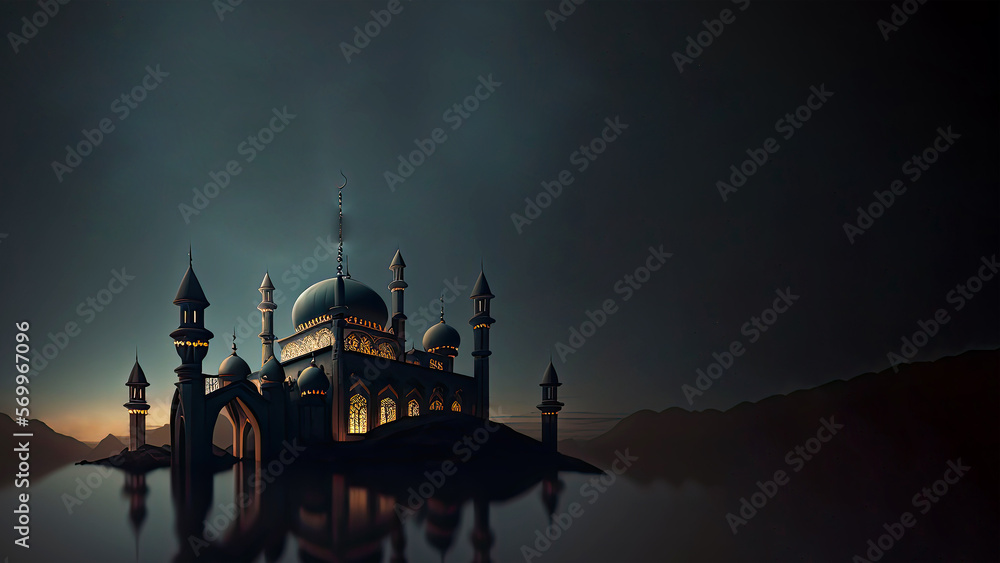 View of Mosque In Starry Night, Mosque Reflection In The Water. Islamic Religious Concept. 3D Render.