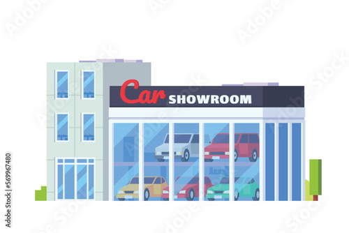 Vector car showroom building flat design illustration