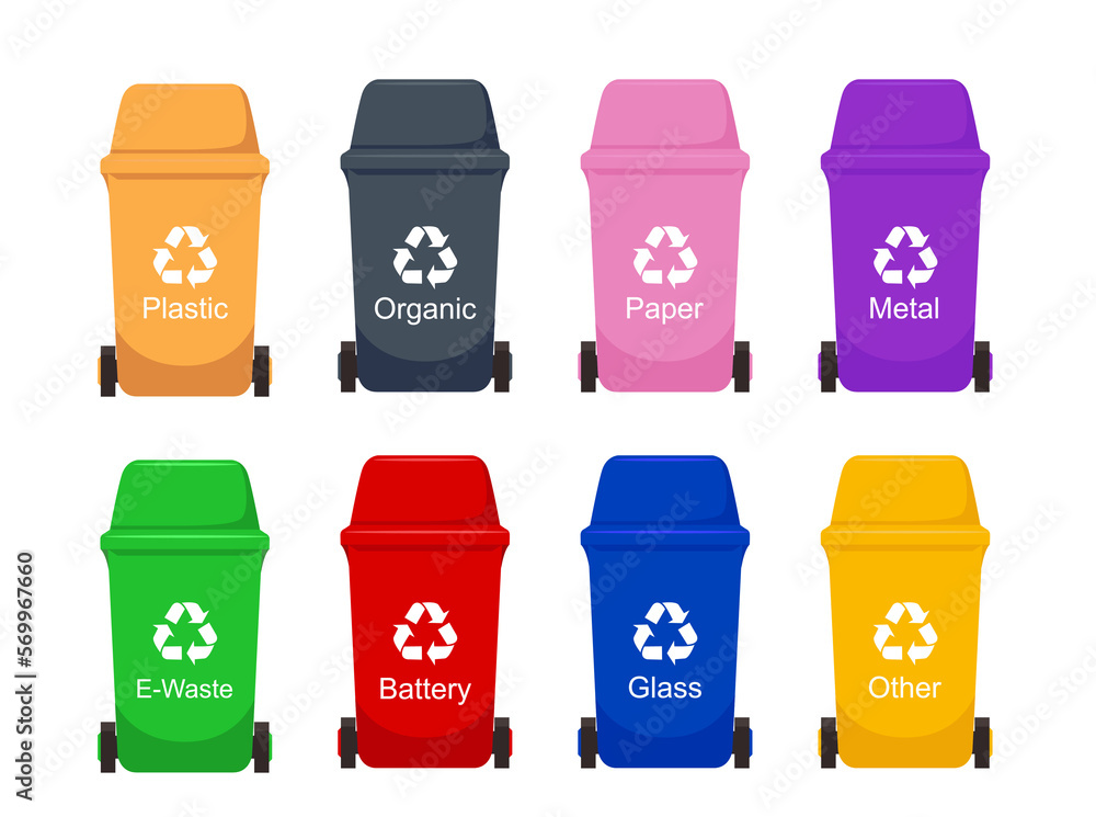 Plastic bin, eight colorful recycle bins. Different Colored wheelie bins, trash bins, sorting