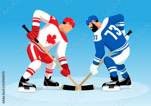 Hockey players in the game. Cartoon hockey players vector illustration.