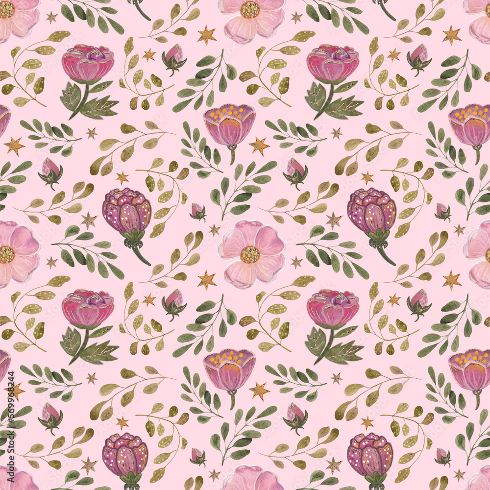 Watercolor pattern pink flowers. Seamless pattern