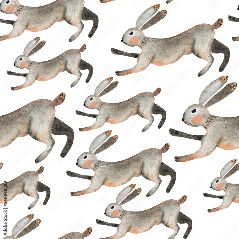 Watercolor hares on a white background. Seamless pattern