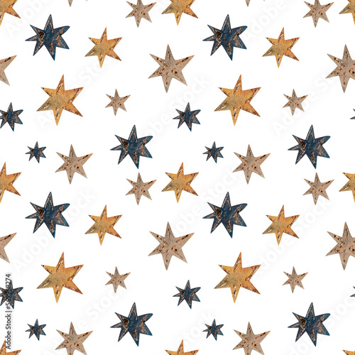 Watercolor stars yellow and blue. Seamless pattern