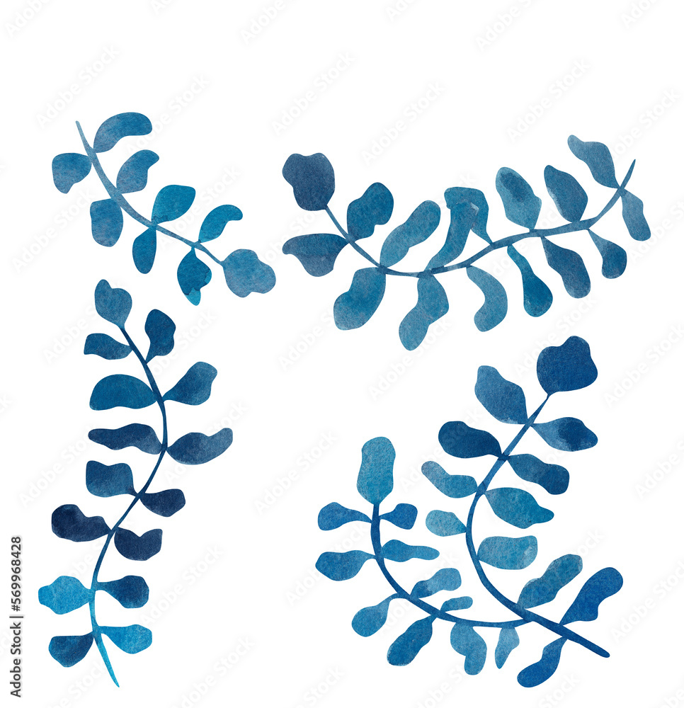 Collection of watercolor blue twigs on white background