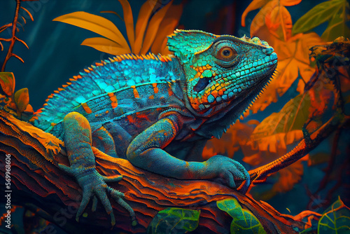 Amazing colorful iguana in the rain forest, generative ai illustration © Maryna Olyak