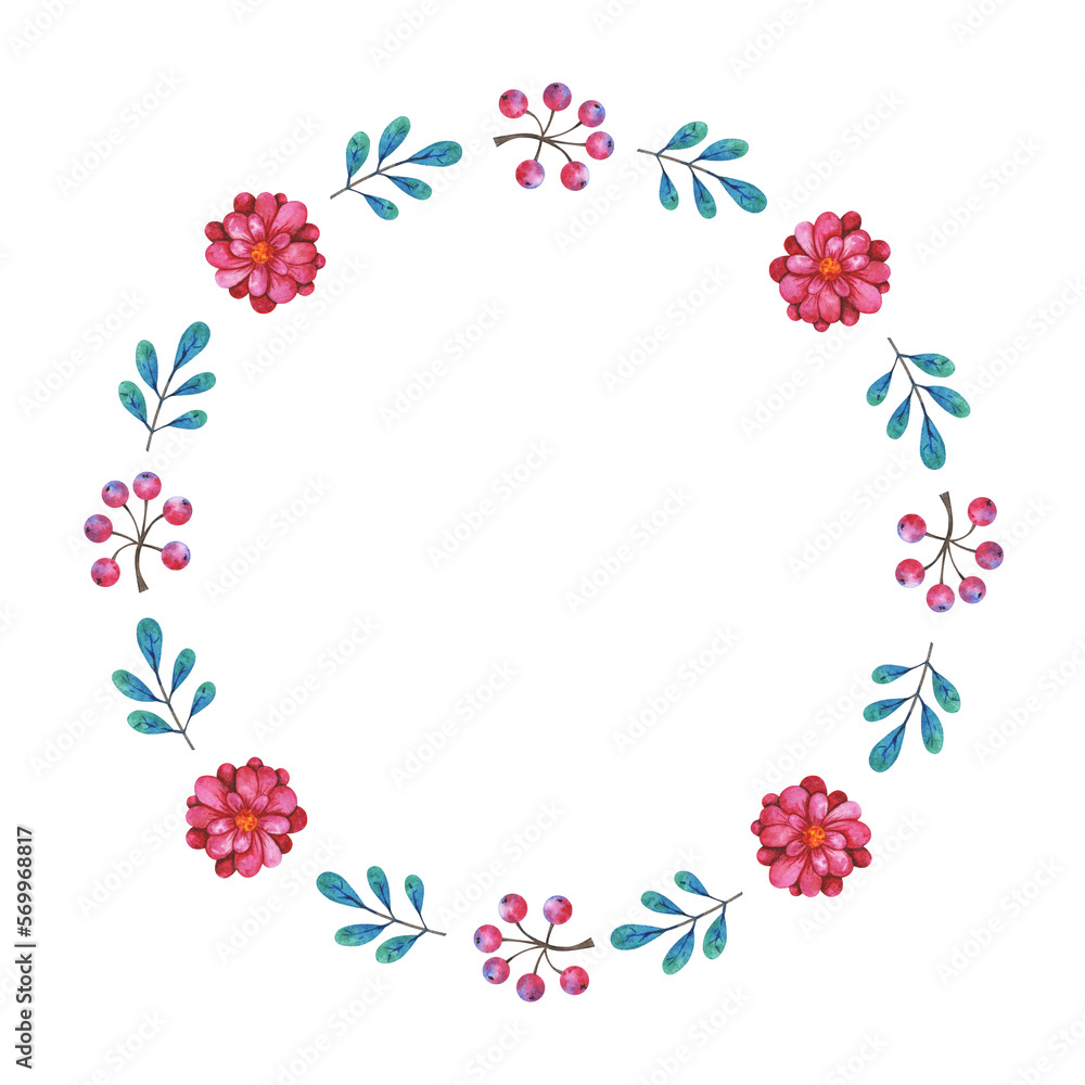 Round frame with hand painted watercolor plants isolated on white background. Winter illustration with empty place for your text