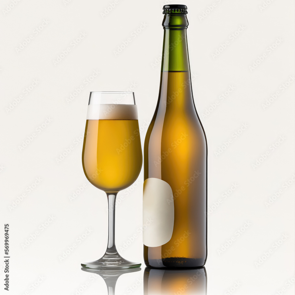 bottle and glass of lager beer. blank label, mock-up bottle and glass of lager beer. blank label, mock-up