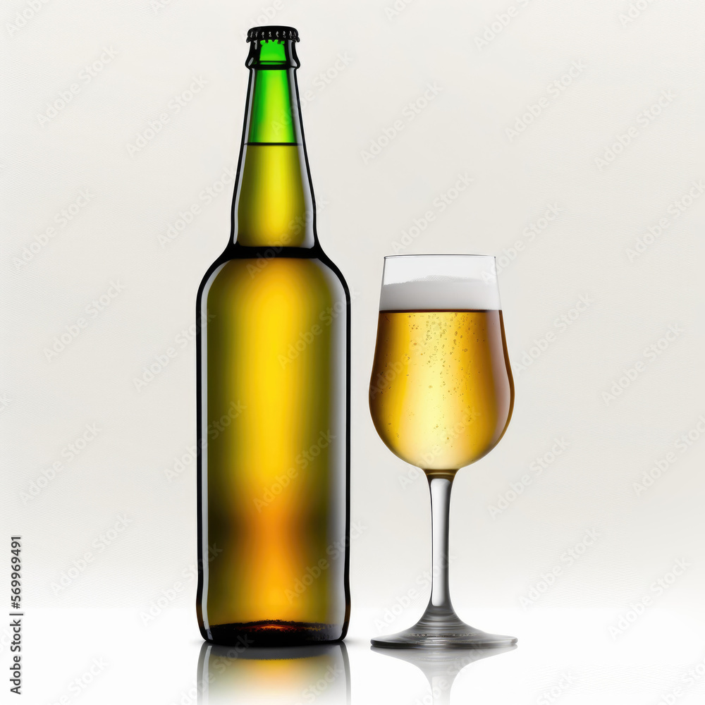 bottle and glass of lager beer. blank label, mock-up bottle and glass of lager beer. blank label, mock-up