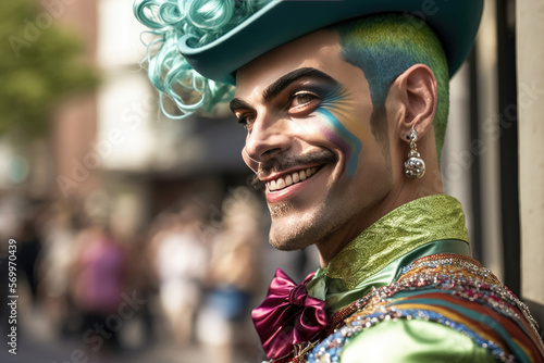 Drag king outdoor. Portrait of a homosexual man at the gay pride parade, ai generative photo