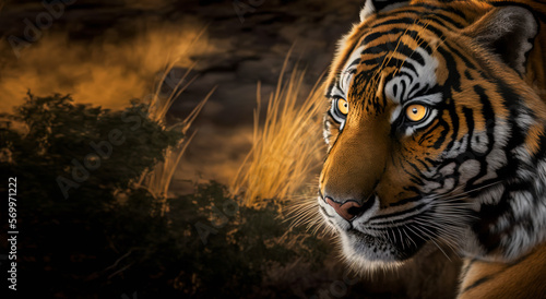 Tiger in the jungle  dramatic image of a tiger hunting alert  clear sharp and focused with an intent stare.  Image created with generative ai