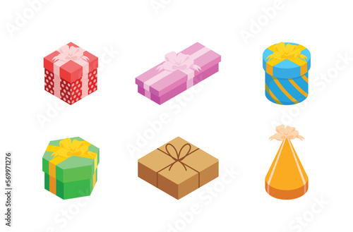 Colorful presents in various shapes for birthday or christmas,congrats,celebration,red and pink box,blue round box,green hexagonal box,brown square box,yellow conical box.concepts gift boxes, wrapped