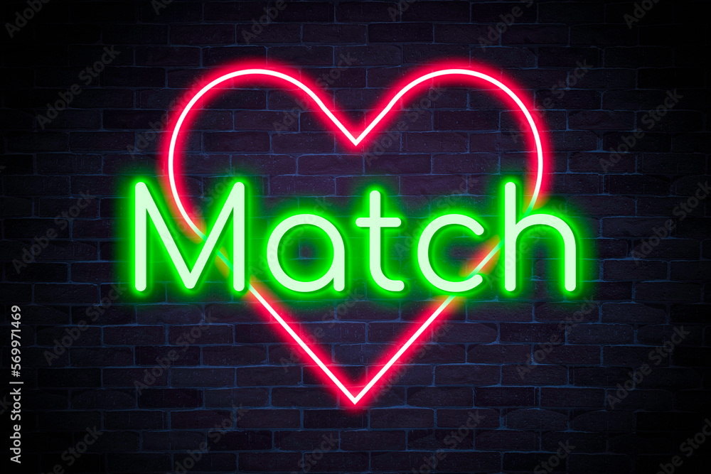 Match with heart symbol neon banner on brick wall background.