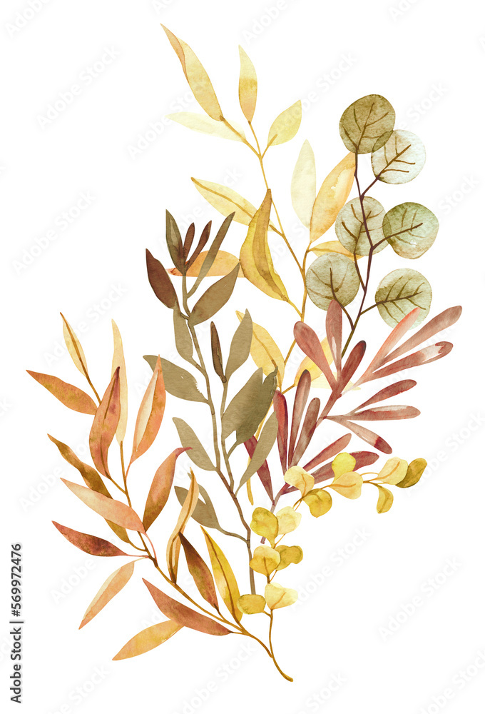 Watercolor hand painted botanical autumn leaves and branches illustration clipart isolated on white background. Isolated objects for wedding invitations and greeting cards Watercolor hand painted botanical autumn leaves and branches illustration clipart isolated on white background. Isolated objects for wedding invitations and greeting cards