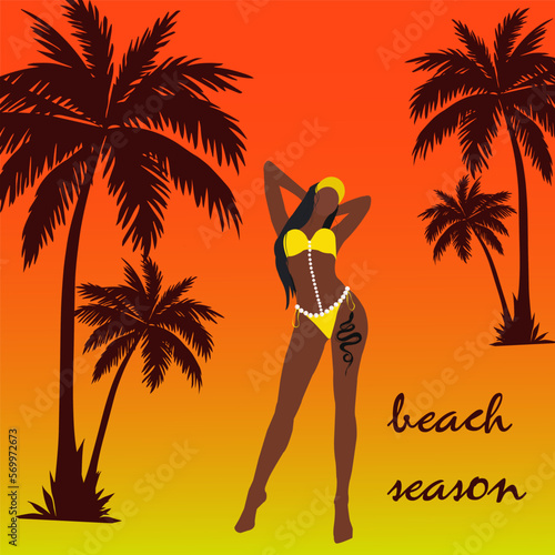 Flat vector illustration of a young dark-skinned girl in a beautiful stylish yellow swimsuit with tatoo snake posing on a summer beach near palm trees on a tropical hot island