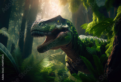 Fototapete Big scary dinosaur in jungle, tyrannosaurus rex. Generative AI