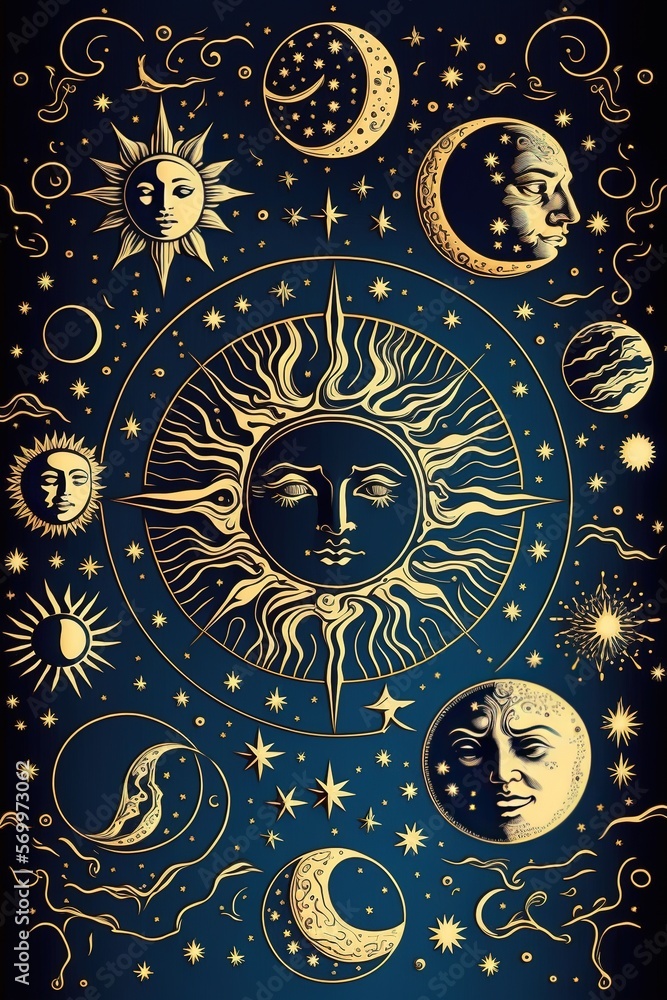Drawing of golden stars, moon, planets, constellations on a blue background, mystical. drawing for tarot cards, fantasy magic space. Generative AI Drawing of golden stars, moon, planets, constellations on a blue background, mystical. drawing for tarot cards, fantasy magic space. Generative AI