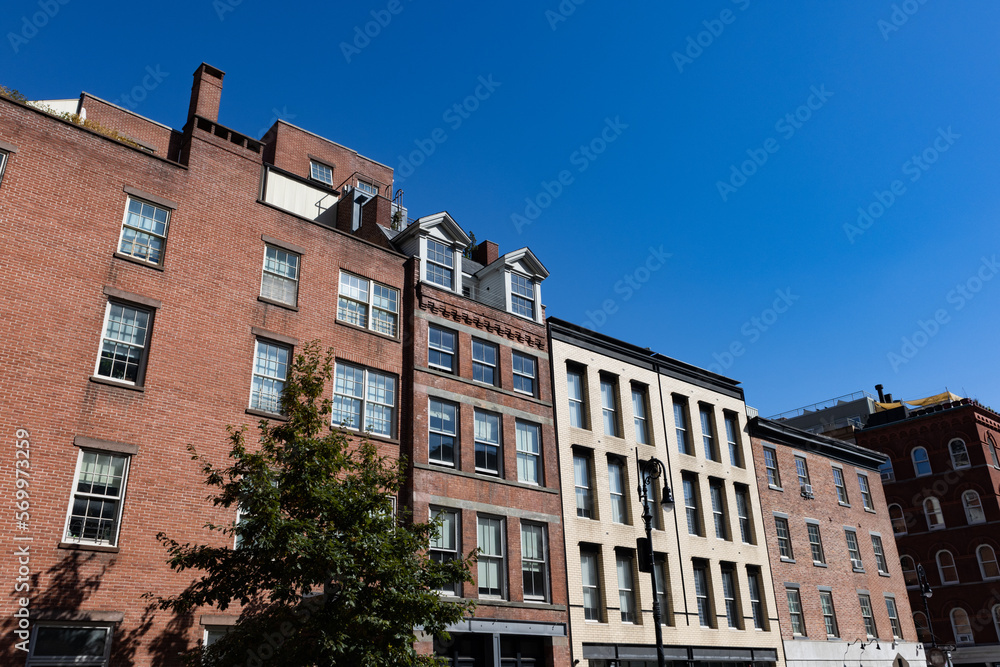 Row of Historic Old Brick Buildings in the South Street Seaport Area of New York City