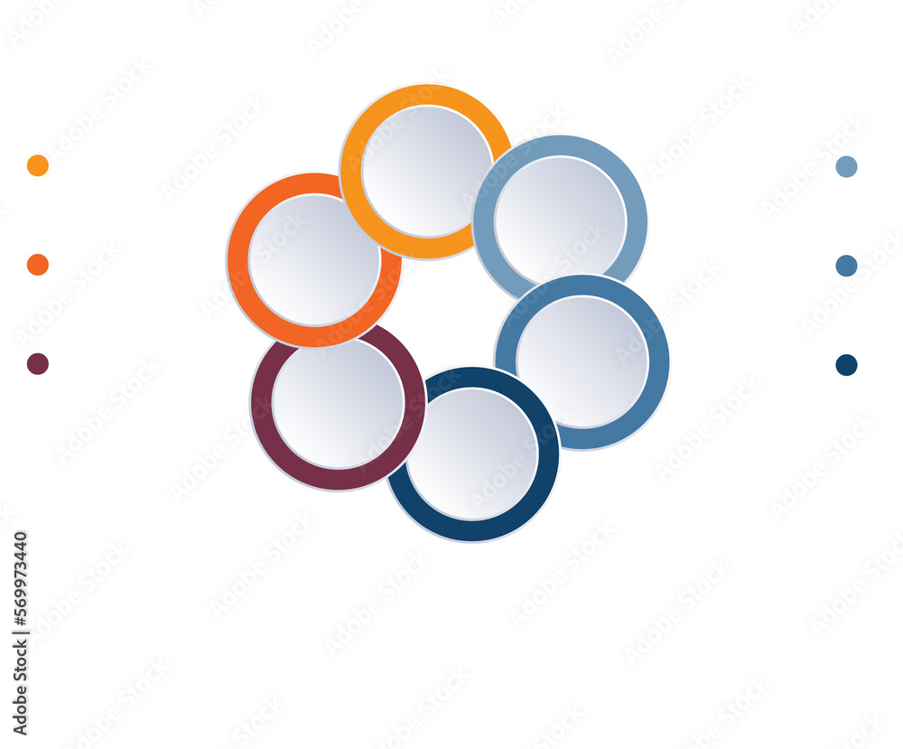 Infographic 6 positions, colour rings are located on circle Infographic 6 positions, colour rings are located on circle