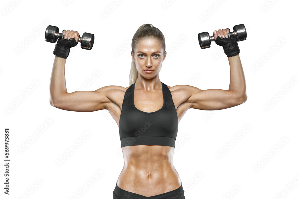 Fitness blond woman in a confident mood raises muscular arms with dumbbells, has a strong body, dressed in a gym outfit. Fitness and healthy concept Fitness blond woman in a confident mood raises muscular arms with dumbbells, has a strong body, dressed in a gym outfit. Fitness and healthy concept