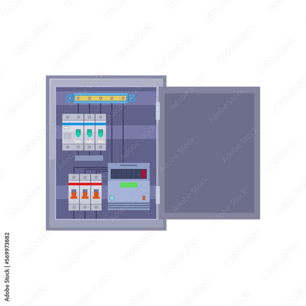 Fuse box with switches vector illustration. Cartoon drawing of tool or equipment of electrician isolated on white background. Electricity, technology, construction concept Fuse box with switches vector illustration. Cartoon drawing of tool or equipment of electrician isolated on white background. Electricity, technology, construction concept