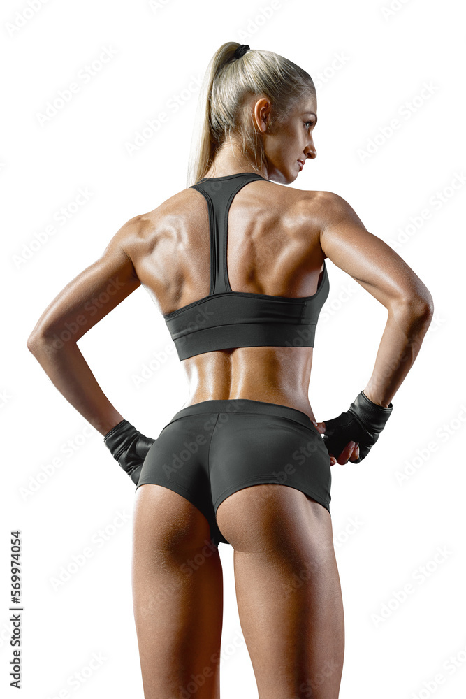 Back muscles of young female athlete bodybuilder. Perfect fit and muscular  female body. Fitness woman turning back Photos