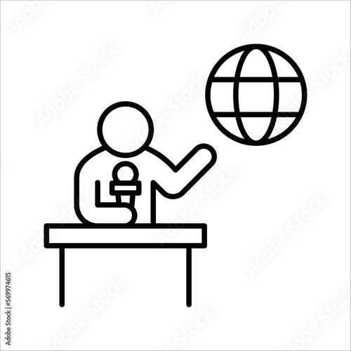 TV presenter linear icon. News reporter with microphone. Can be used for topics like news agency, report, broadcast, press conference. vector illustration