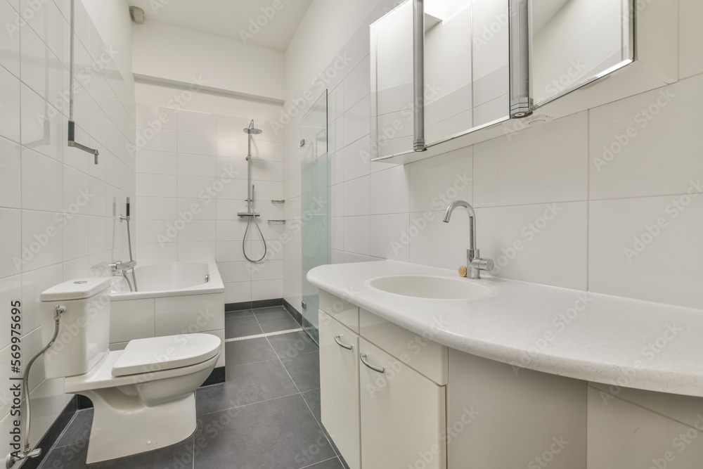 Interior of modern bathroom with shower cabin Interior of modern bathroom with shower cabin