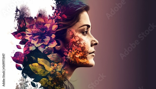 Double exposure woman profile and flowers mental health women's day illustration generative ai photo