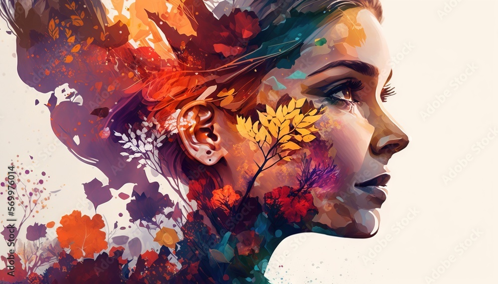Double exposure woman profile and flowers mental health women's day illustration generative ai - obrazy, fototapety, plakaty 