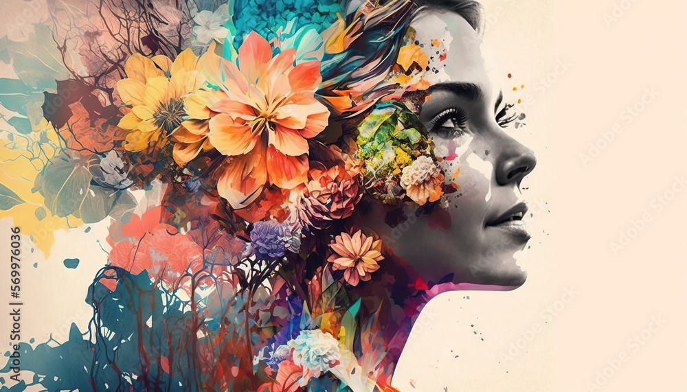 Double exposure woman profile and flowers mental health women's day illustration generative ai - obrazy, fototapety, plakaty 