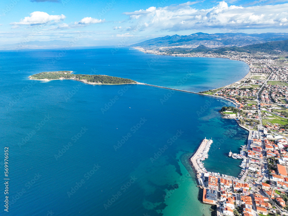 Aerial drone view of Urla district of Izmir, Turkey's third largest city. Iskele - Karantina island - Turkey