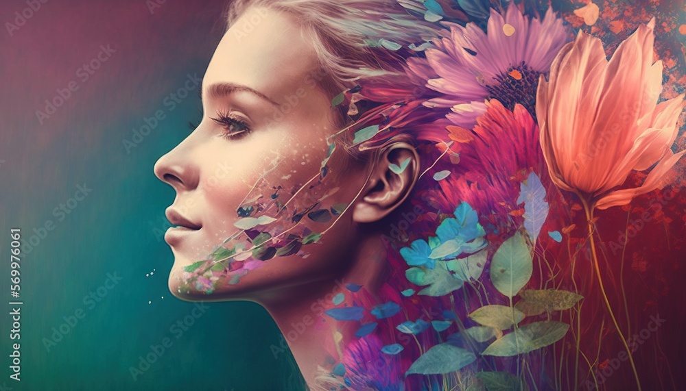 Double exposure woman profile and flowers mental health women's day ...