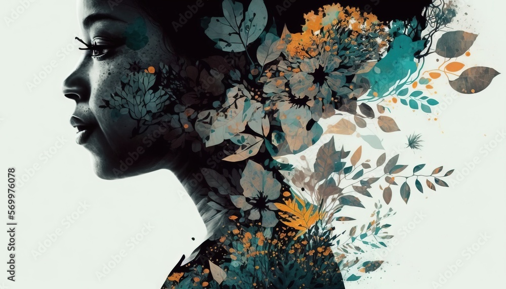 Double exposure woman profile and flowers mental health women's day ...