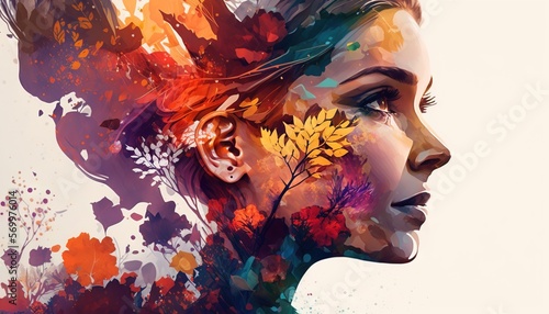 Leinwand Poster Double exposure woman profile and flowers mental health women's day illustration