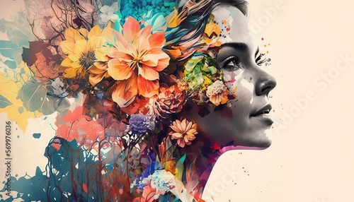 Double exposure woman profile and flowers mental health women's day illustration generative ai