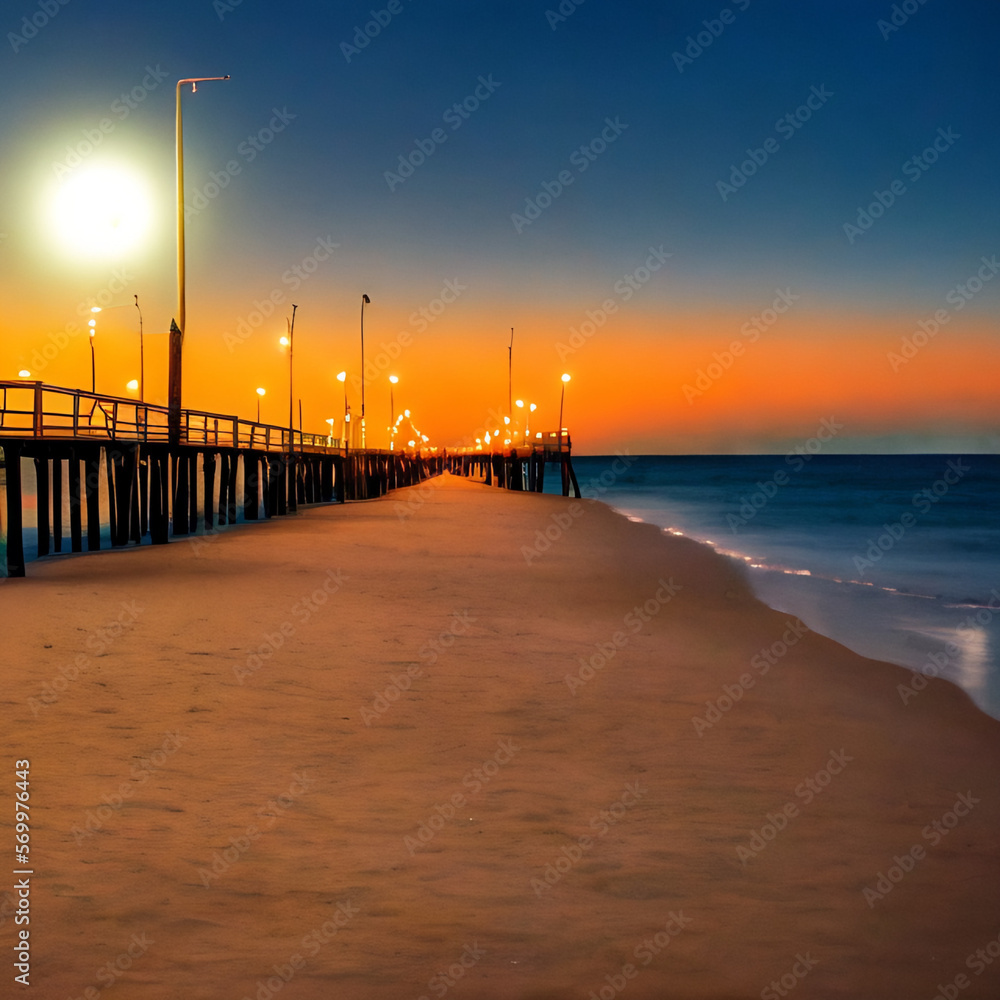 Obraz premium Fantasy beach and pier scene ocean and sky looking down sand string lights