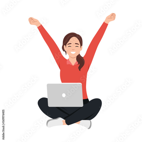 Young woman before the laptop with show Yeah positive gesture, approval gesturing. Flat vector illustration isolated on white background
