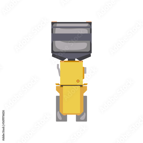 Top view of yellow roller vector illustration. Cartoon drawing of vehicle for construction or building isolated on white background. Construction industry, heavy machinery concept