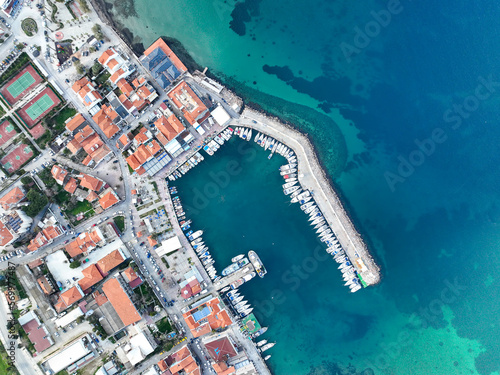 Aerial view with drone of the seaside town Urla Cesmealti in Izmir, Turkey. Iskele port. © Esin Deniz