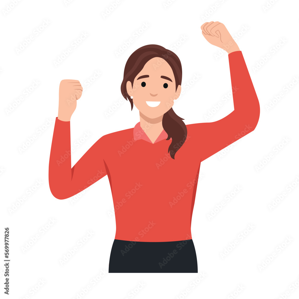 Happy woman hands up joy and success. Rejoicing employee celebrating achievement and victory. Delighted successful person. Flat vector illustration isolated on white background Happy woman hands up joy and success. Rejoicing employee celebrating achievement and victory. Delighted successful person. Flat vector illustration isolated on white background