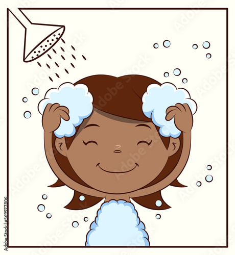 Little girl taking shower, child washing hair